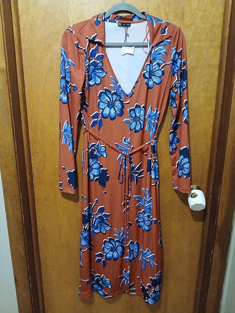 Zara Rust Midi Dress with Blue Floral Print and Tie Waist